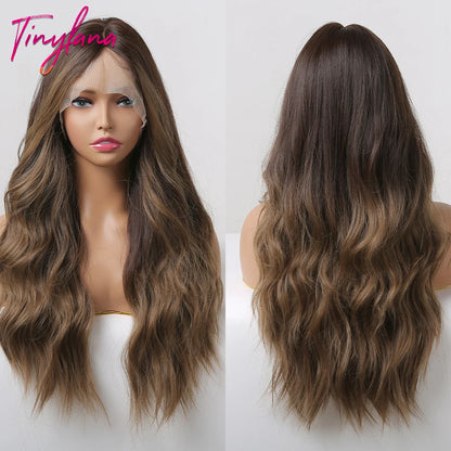 Long Wavy Transparent Lace Front Synthetic Wigs Brown Golden Ombre Lace Frontal Wig for Black Women Natural Cosplay Closure Hair