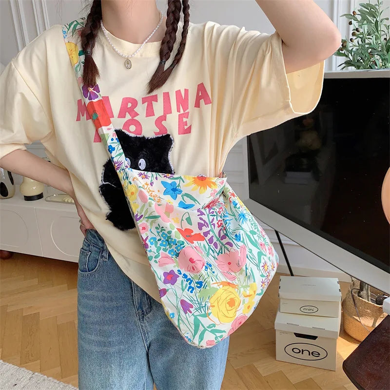 Women's Shoulder Bags Leopard Print Flower Fashionable Trendy Canvas Cross Bags Large Capacity Portable Shopping Shoulder Bags