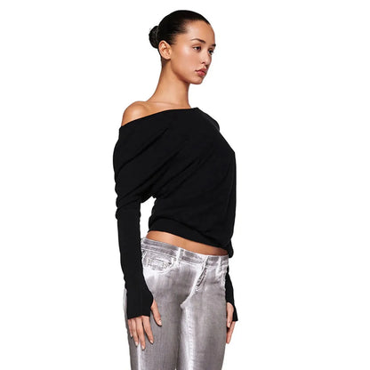 Sexy Elegant Long Sleeves Top Irregular One Shoulder Women Tops T Shirt Birthday Party Club Date Casual Office Clothes