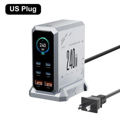 240W GaN Charger 6-IN-1 140W PD3.1 PPS USB Type C Digital Display Fast Charging Station for iPhone 16 15 MacBook Laptops Samsung