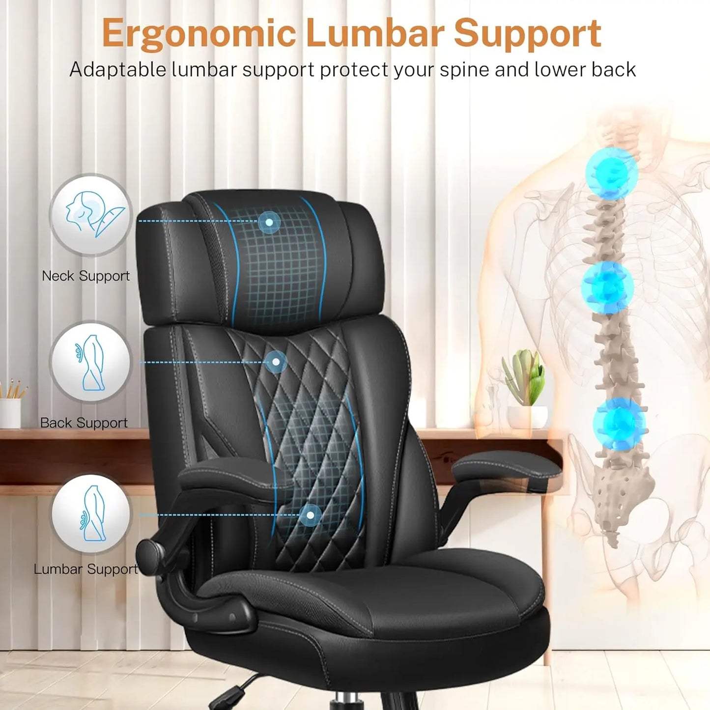 Office Chair Flip Up Arms, Executive Leather Office Chair Ergonomic Desk Chair with Lumbar Support, Adjustable, Customized