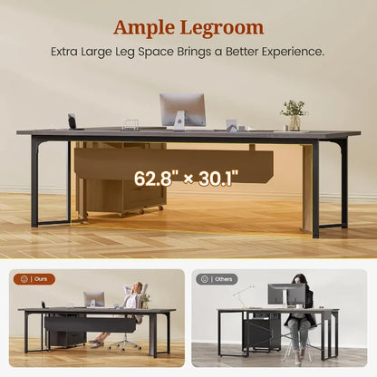 63 Executive Desk with Mobile File Cabinet for Large Office Spaces Modern L-Shaped Workstation with Built-in Power Outlets Inte