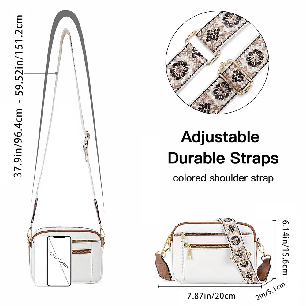 Stylish Wide Strap Shoulder Bag Women's Multiple Pockets Faux Leather Crossbody Bags Adjustable Strap  Travel Handbag Purse