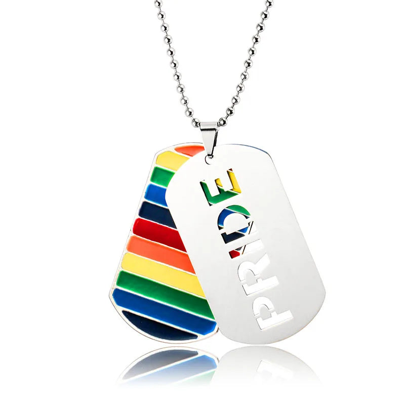 Stainless Steel LGBT Gay Lesbian Love Pride Necklaces Enamel Rainbow Flag Double Pendant Necklace