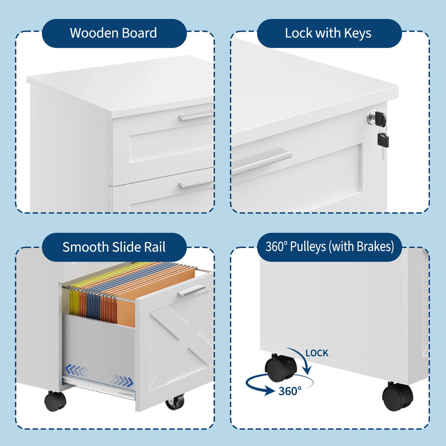 3 Drawer Rolling File Cabinet with Lock & Casters, Wooden Mobile Storage Organizer Printer Stand, Fits A4/Letter for Home Office