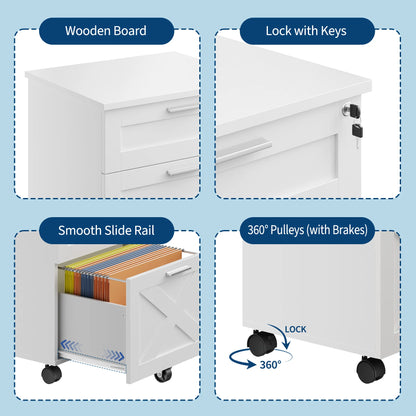 3 Drawer Rolling File Cabinet with Lock & Casters, Wooden Mobile Storage Organizer Printer Stand, Fits A4/Letter for Home Office