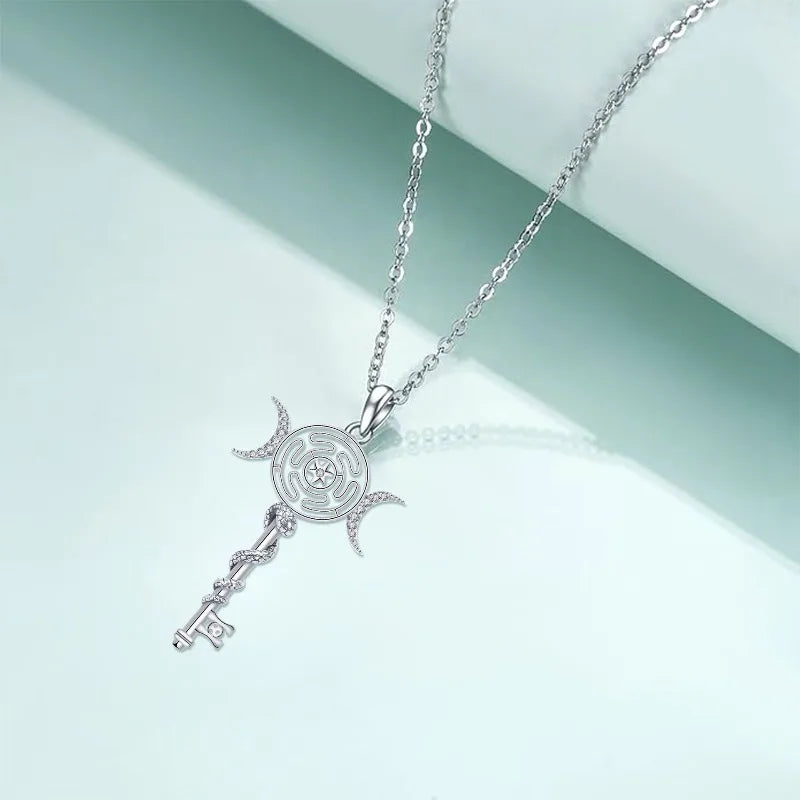 Hekate Wheel Necklace for Women Men 18K Gold Plated Snake Key Triple Moon Goddes Pendant Necklaces Pagan Jewelry