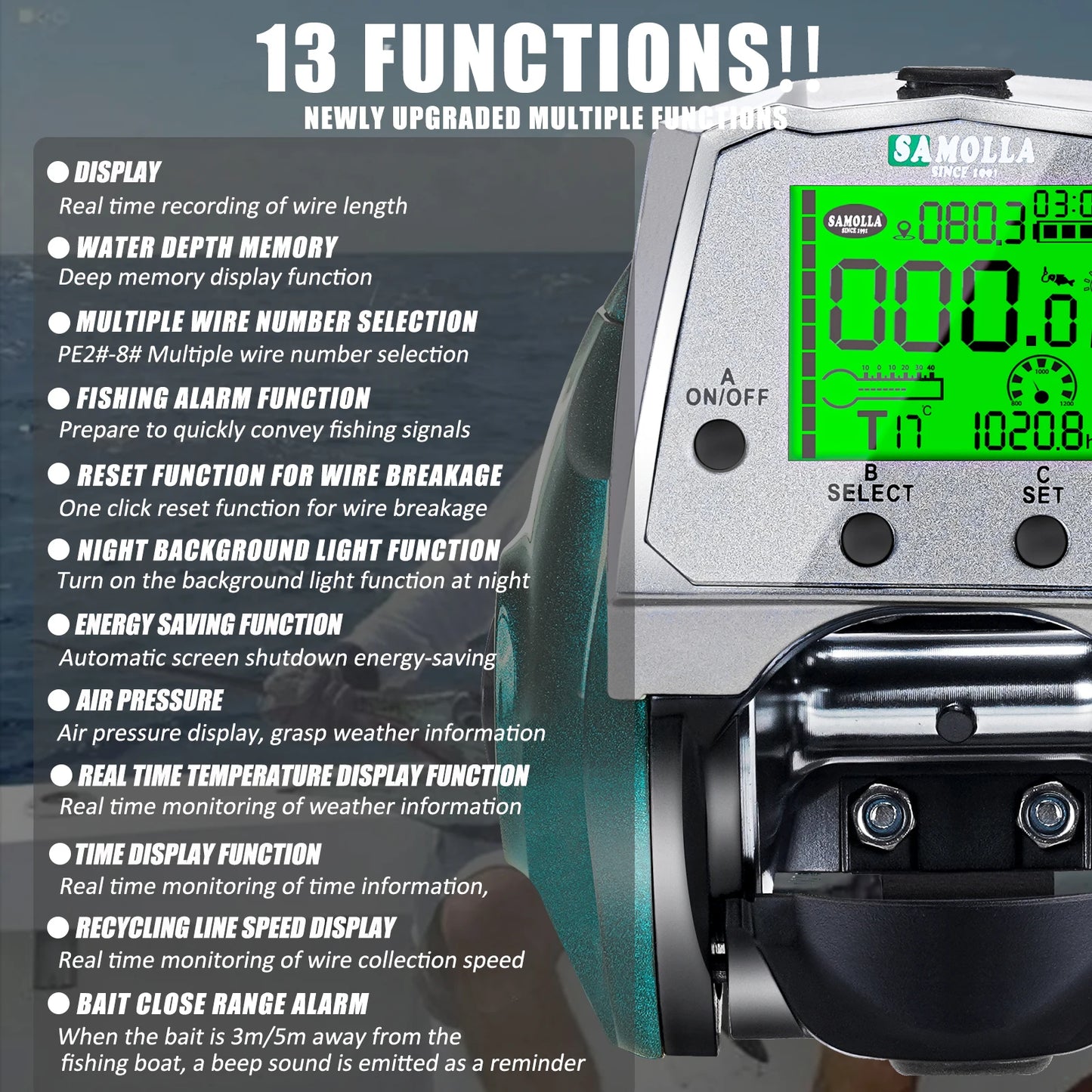 SAMOLLA New Large Electronic Fishing Reel Usb charging Large Display Screen Temperature/Air Pressure Sea Boat Baitcasting Reel
