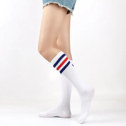Middle Tube Sock Women Striped Knee High Ladies Japanese Harajuku College Style Cotton Summer Calf Sock Black White Female Gift