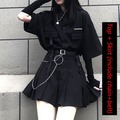 Gothic Skirt Set Loose Shirt Pleated Mini Skirts 2 Piece Sets Korean Retro Casual Outfits Women Spring Summer Aesthetic Y2k Suit