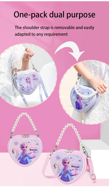 Disney Elsa Shoulder Bag Shiny Quicksand Pearl Handbag Heart-shaped Crossbody Bag For Girls Gifts