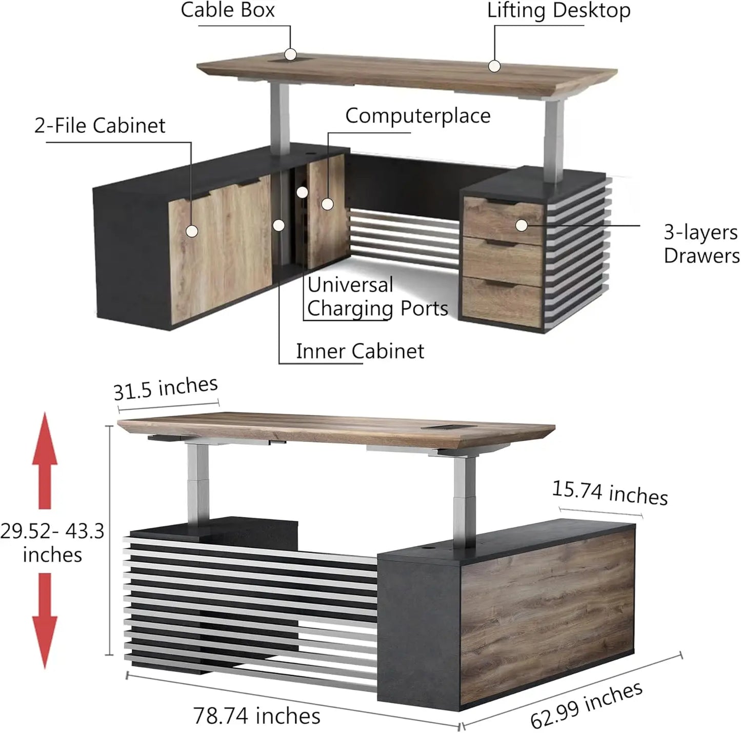 Adjustable Heigh L Shaped Executive Standing Desk w/Drawers Office Desk w/Universal Charging Ports Large Business Workstation