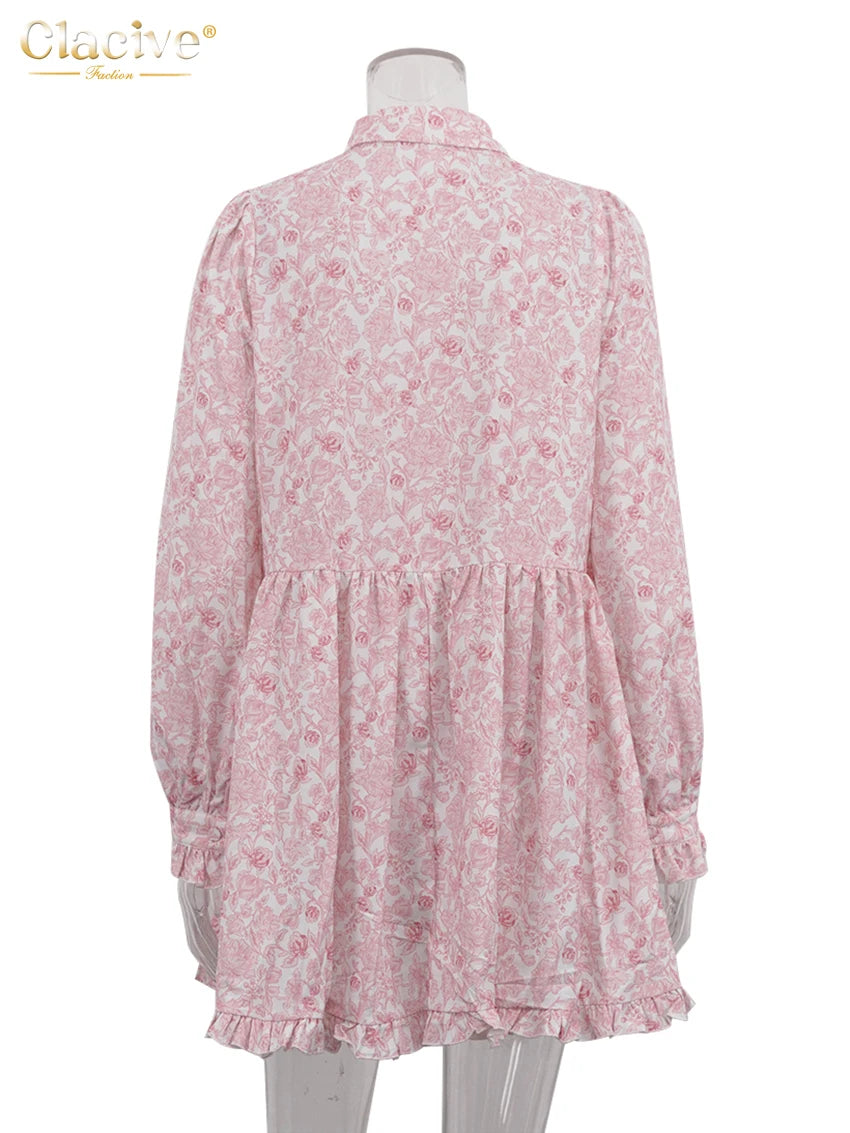 Clacive Fashion Loose Print Women's Dress 2024 Casual Lapel Long Sleeve Mini Dresses Elegant Classic Pleated Female Dress