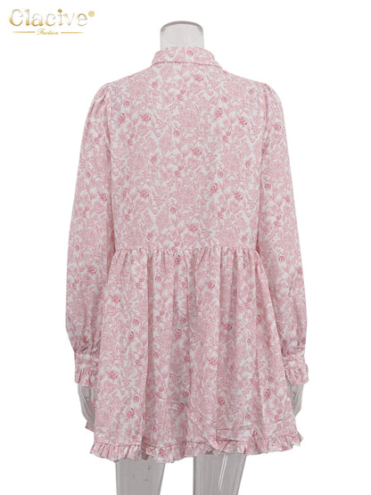Clacive Fashion Loose Print Women's Dress 2024 Casual Lapel Long Sleeve Mini Dresses Elegant Classic Pleated Female Dress