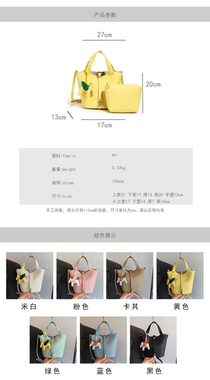 Popular and popular lychee patterned mother and child bucket bag for women, 2025 new casual retro handbag, casual commuting bag