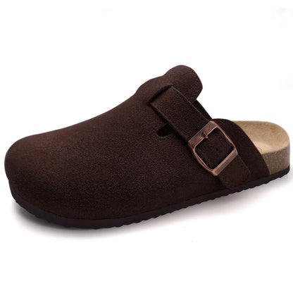 Crestar Women's Suede Clogs Lady Fashion Buckle Leather Mules Comfort Cork Footbed Potato Shoes with Arch Support Beach Sandal