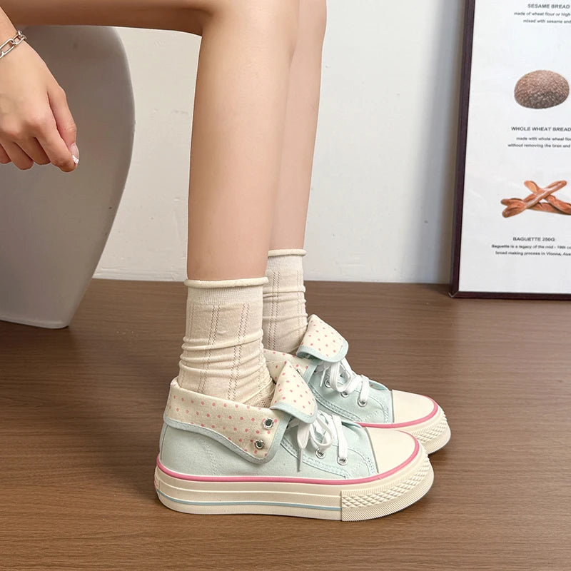 New High Help Canvas Shoes Dots Women's Casual Shoes Woman Vulcanize Sneakers Comfortable Sport Walking Platform Flats Shoes 015