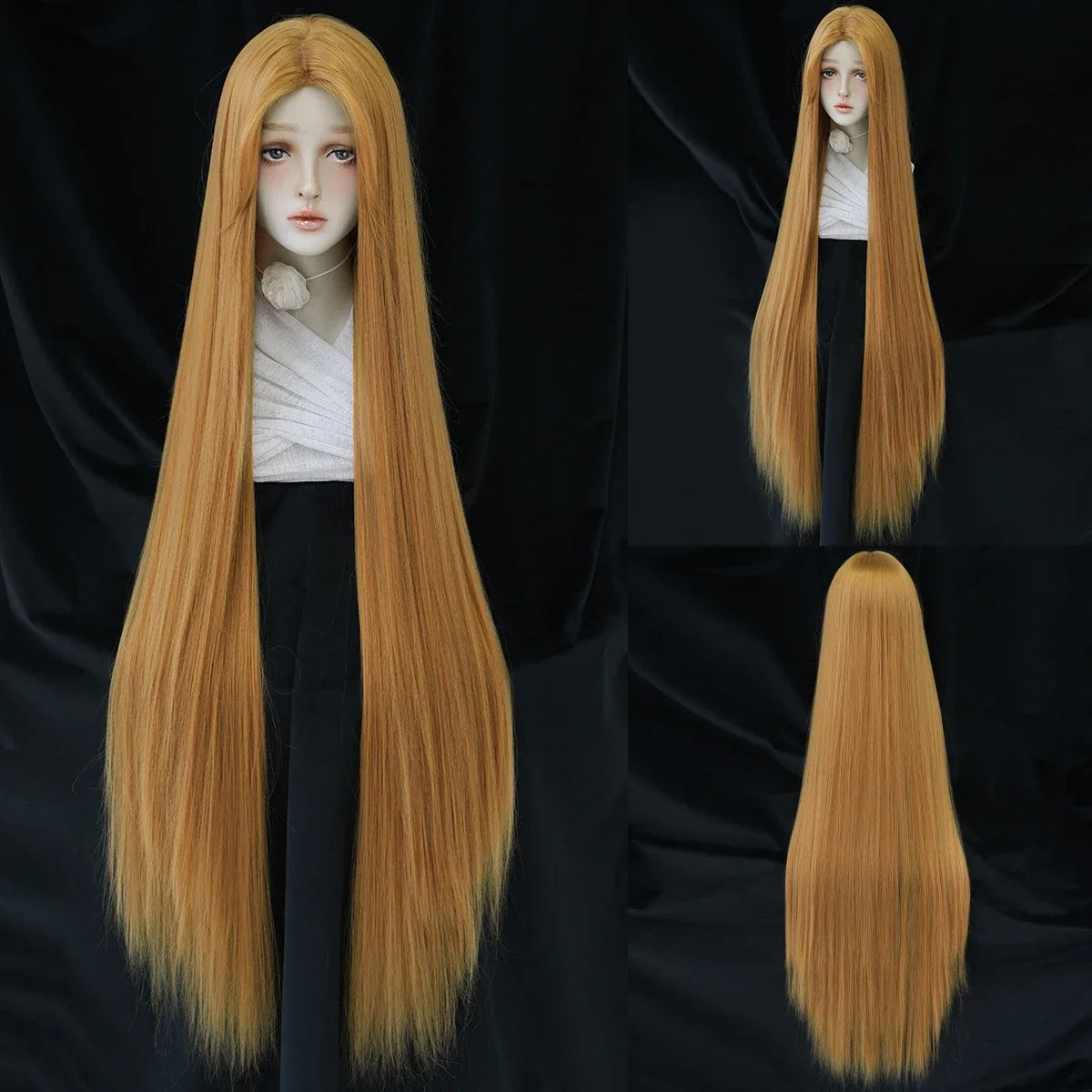 PARK YUN Extra Long Blonde Cosplay Wigs With Bangs Loose Long Curly Blonde Lolita Wig Synthetic Heat Resistant  Wig 44 Inch