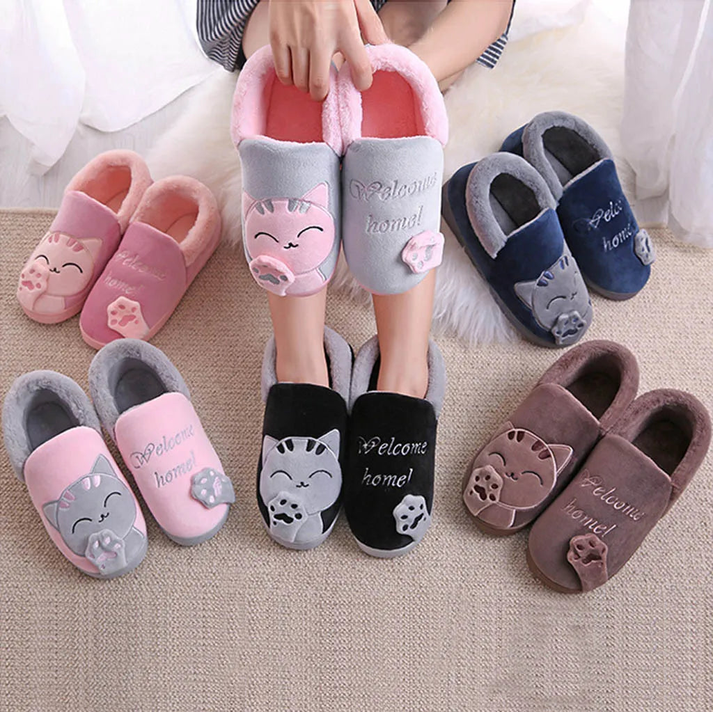 Women Winter Home Slippers Cartoon Cat Non-Slip Warm Indoors Bedroom Floor Shoes Zapatos Mujer 2024 Tendencia