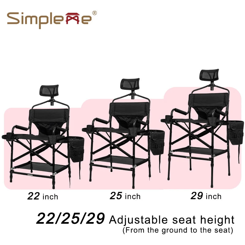 Simpleme Lightweight Aluminum Portable Folding Tall Director Adjustable High Makeup Artist Chair With Headrest