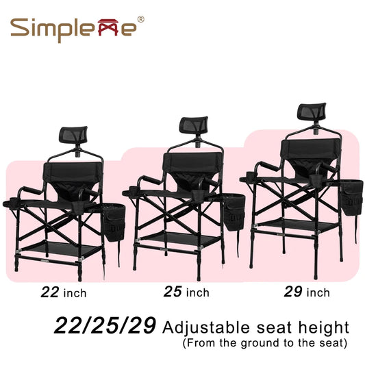 Simpleme Lightweight Aluminum Portable Folding Tall Director Adjustable High Makeup Artist Chair With Headrest