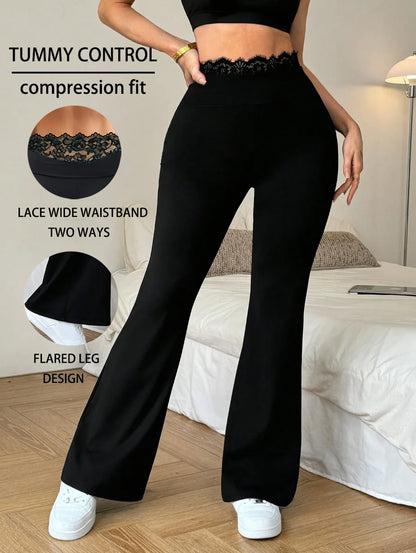 Ladies' lace flared trousers with wide waist design are intellectual, elegant, simple, fashionable, casual and versatile.