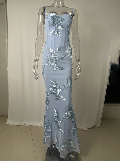 Mozision Spaghetti Strap Backless Sexy Maxi Dress Women Gown Floral Ribbon Applique Sleeveless Bodycon Evening Club Party Dress