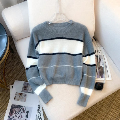 2026 New Winter Color Block Crew Neck Pullover Sweater,Crop Top Casual Long Sleeve Drop Shoulder Sweater Women's Clothing