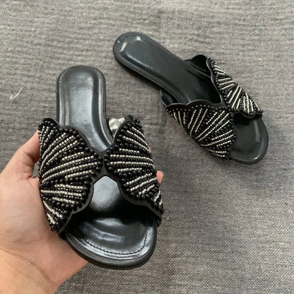 Luxury Summer Flat Sandals for Women Fashion Faux Pearl Designer Slide Sandal Comfortable Lightweight Beach Casual Shoes Woman