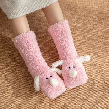 Fuzzy Fluffy Sock Women Cartoon 3D Dog Winter Warm Plush Non slip Home Sleeping Soft Female Floor Thermal Funny Slipper Sock