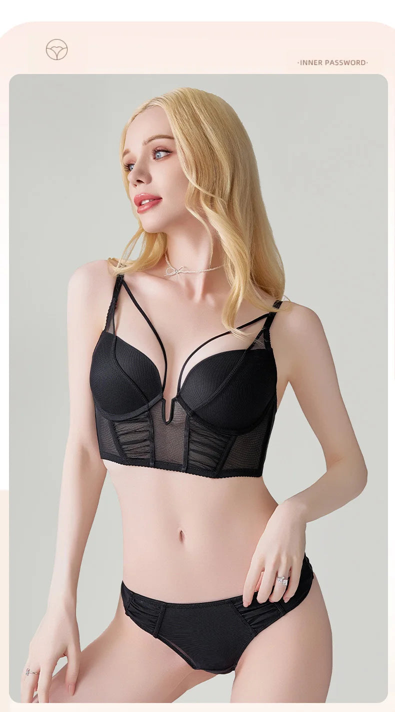 Hollow Out Lingerie Deep-V Neck Fishbone Underwear Push Up Women Sexy Lengthen Bra And Panty Sets Fashion Young Girls Intimates