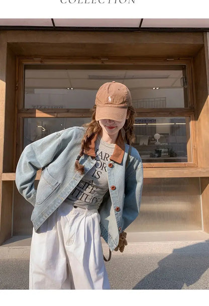 Women Clothing Autumn Fashion Korean Button Color Blocking Polo Collar Female All-match Fashionable Pocket Appear Thin Cardigan