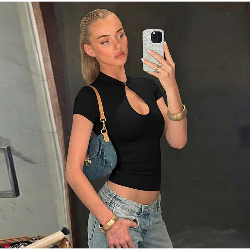 Stand Collar Button Hollow Out T-shirt Women Sexy Solid Short Sleeves Slim Fit Cropped Shirts 2026 Lady Daily Street Outwear New