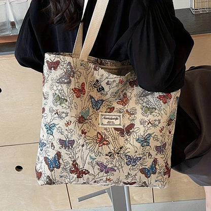 Women's Bag Butterfly Flower Print Embroidery Shoulder Bags Fashionable Canvas Handbags Large Capacity Zipper Shopping Bag