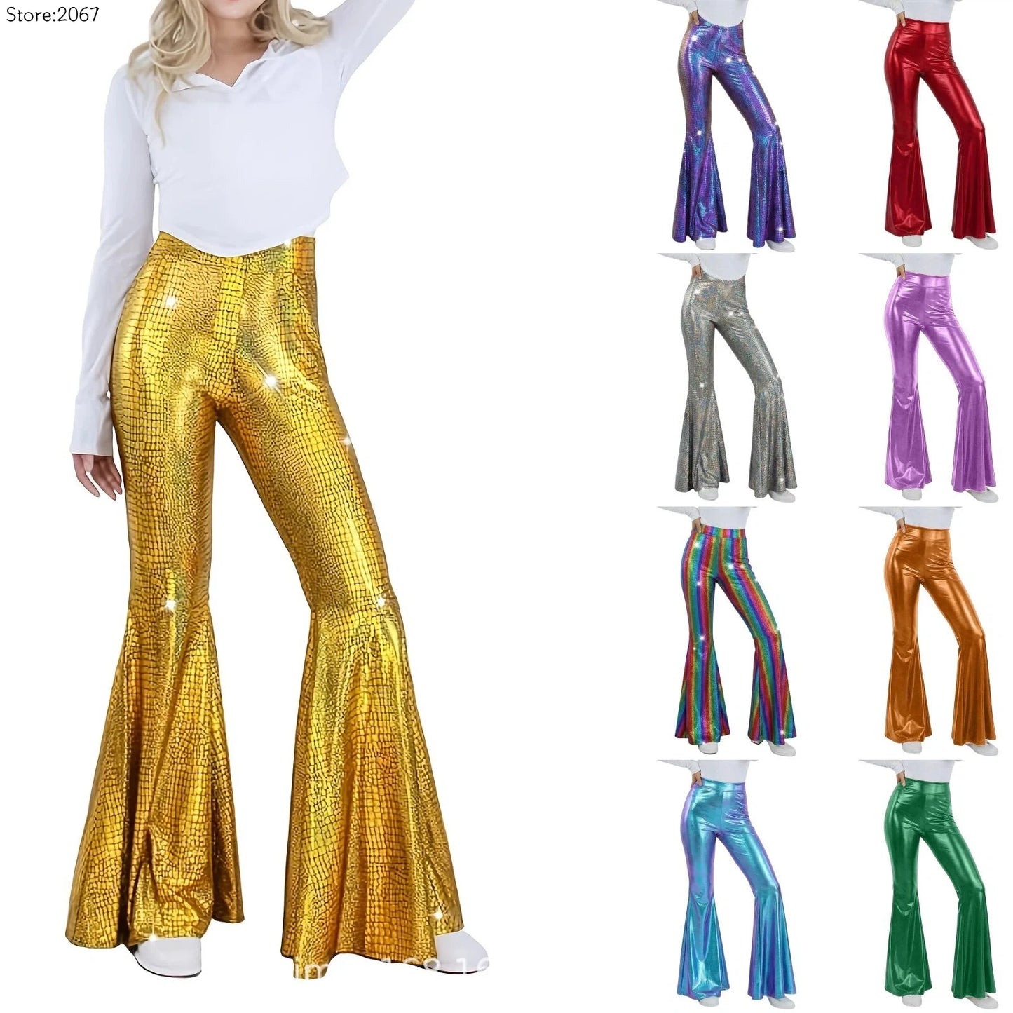 Sequin Women Flared Pants High Waist Shiny Disco Party Trousers Loose Fit Dance Club Stretchy Bell Bottom Wide Leg Trousers New