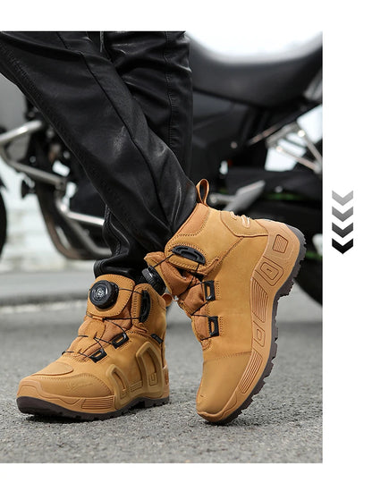 Men Motorcycle Riding Boots Waterproof Cowhide Leather Breathable Anti-Slip Wear-Resistant Street Moto Shoes