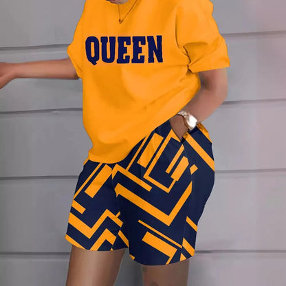 Ladies Casual Summer Two Piece Sets Printed Shorts Sets Women Round Neck Short Sleeve T Shirts Pullover High Waist Trousers Suit