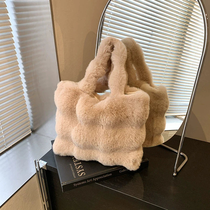 Women's Fluffy Plush Shoulder Bag Autumn Winter Top-Handle Solid Color Tote Versatile Commuter Handbag for Girls