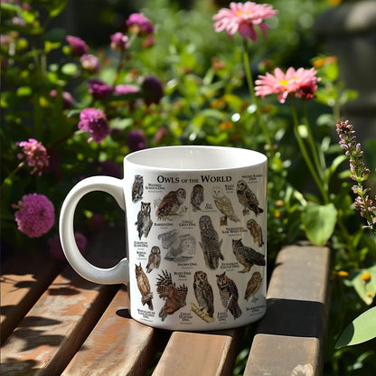 World Owl Illustrated Images coffee mug 11oz ceramic office tea cup Bird Lovers Gift Cup