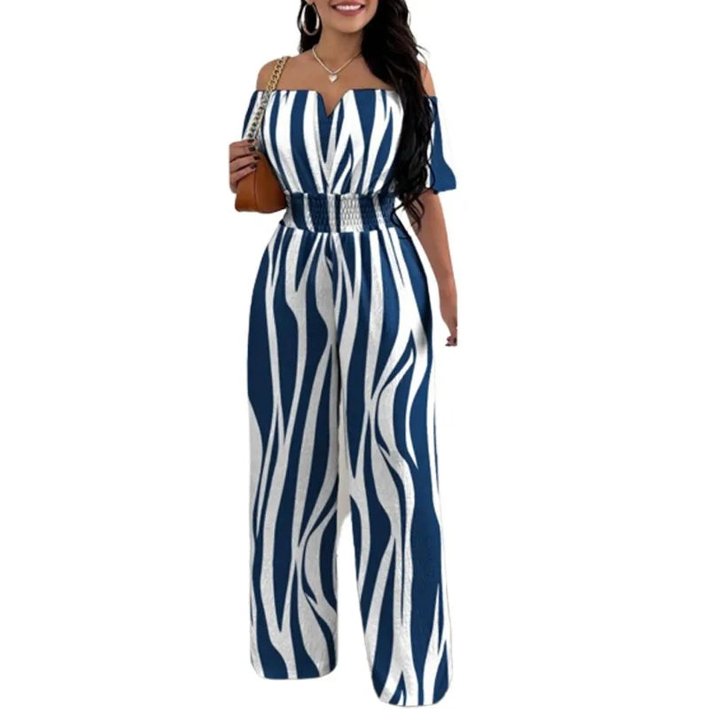 Summer New Women Sexy One Line Shoulder Solid Color Short Sleeve Jumpsuit Slim Elastic Waist Loose Straight Female Long Jumpsuit