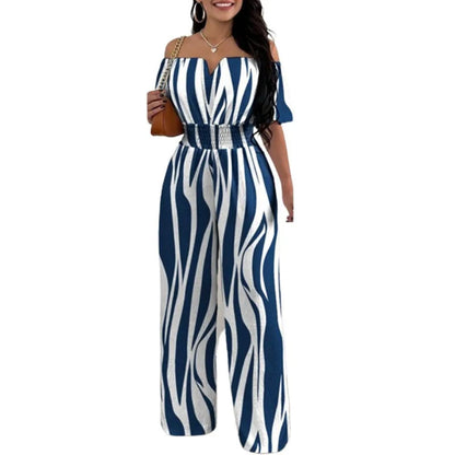 Summer New Women Sexy One Line Shoulder Solid Color Short Sleeve Jumpsuit Slim Elastic Waist Loose Straight Female Long Jumpsuit