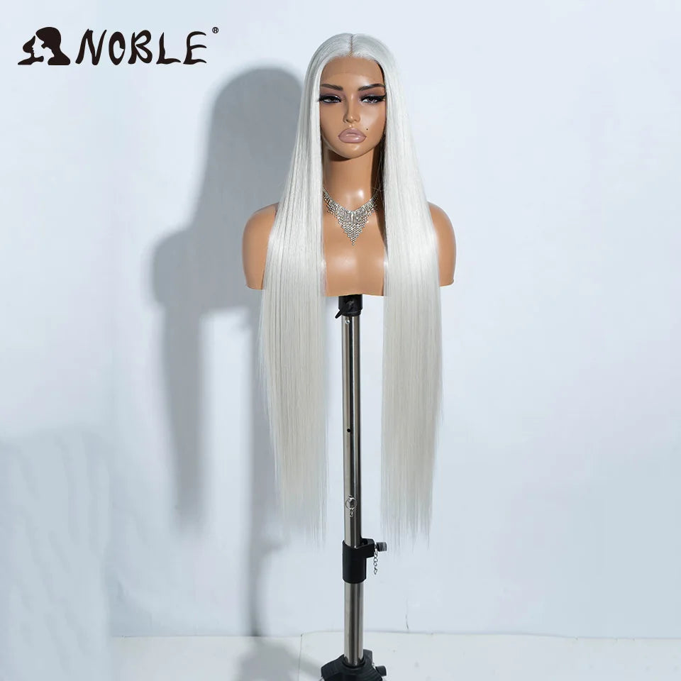 Noble 38 Inch Extra Long Straight Synthetic Lace Front Wig Skunk Stripe Grey White Ombre Glueless Heat Resistant Wig For Women