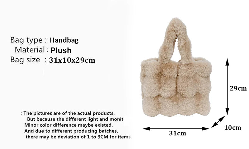 Women's Fluffy Plush Shoulder Bag Autumn Winter Top-Handle Solid Color Tote Versatile Commuter Handbag for Girls