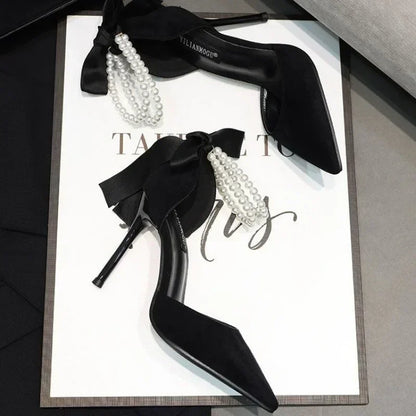 Shoes for Women 2023 Brand Spring Women's Pumps Pointed Toe Solid Flock Beads Bow Tie Buckle Shallow Mouth Novelty High Heels