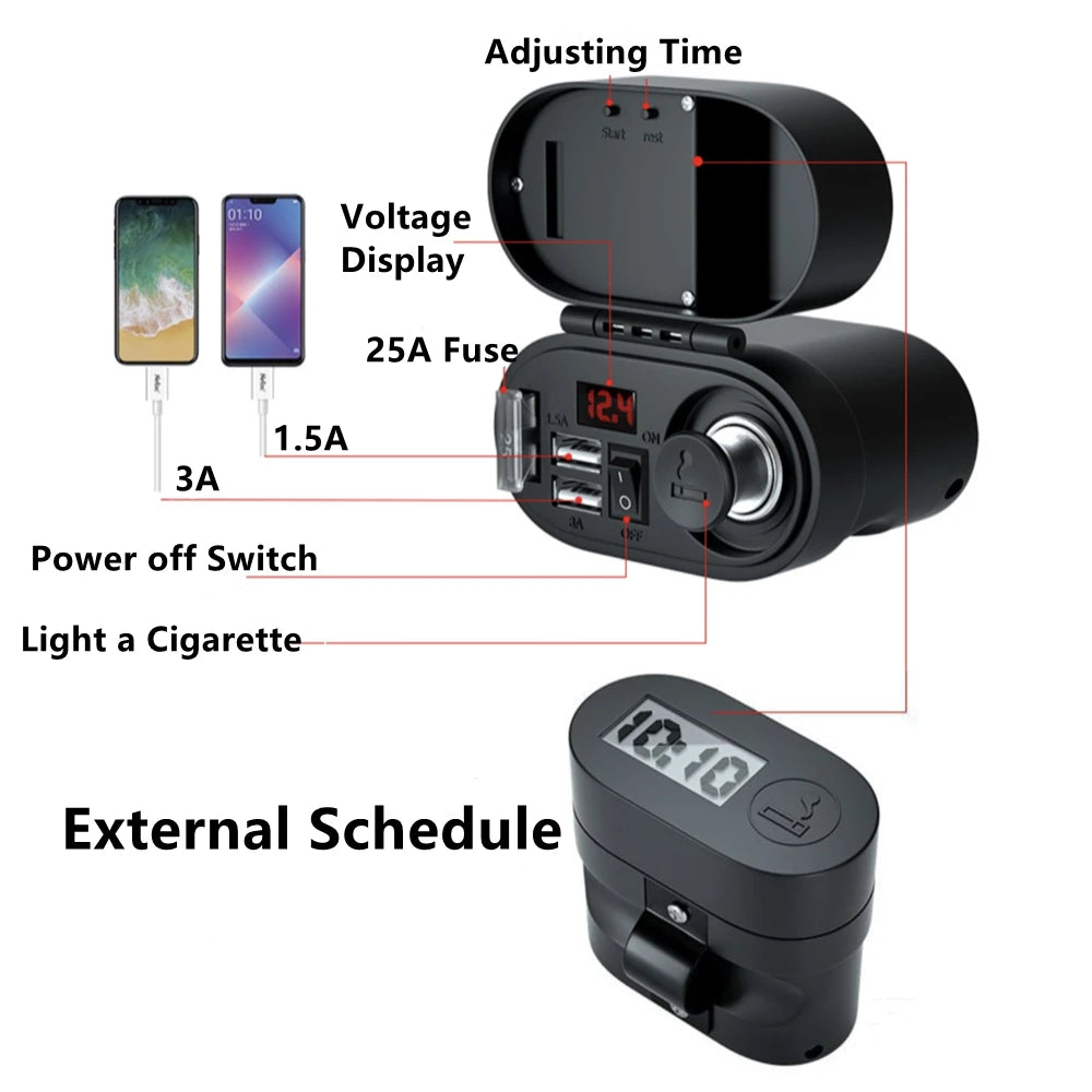 Moto Dual USB Port Adapter Multifunction Power Supply Quick Charging Cigarette Lighter Clock Voltmeter Motorcycle Accessories