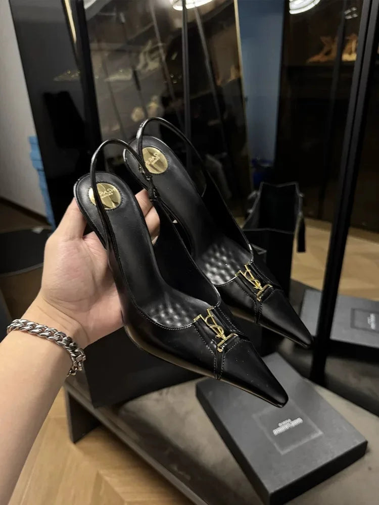 Pointed Toe Patent Leather Pumps Women Metal Decor Shallow Mouth Thin Heel Sandals Spring Summer Party Dress Shoes Single Shoes