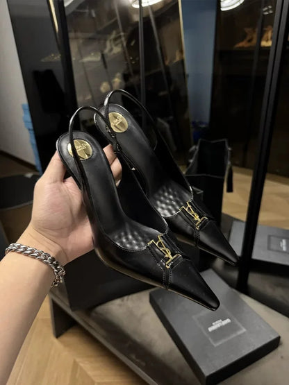 Pointed Toe Patent Leather Pumps Women Metal Decor Shallow Mouth Thin Heel Sandals Spring Summer Party Dress Shoes Single Shoes