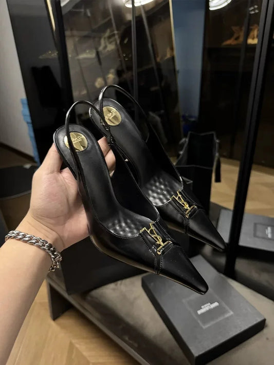 Pointed Toe Patent Leather Pumps Women Metal Decor Shallow Mouth Thin Heel Sandals Spring Summer Party Dress Shoes Single Shoes