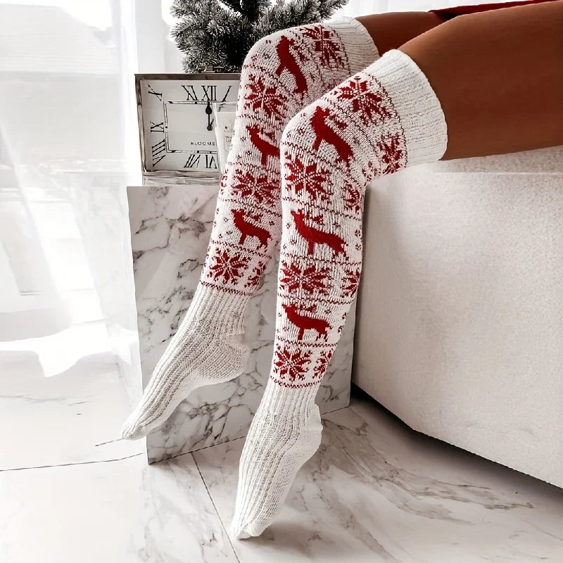 Christmas Socks for Women 2025 Limited Edition, Reindeer Snowflake Over The Knee Long Socks, Warm Festive Party Floor Socks