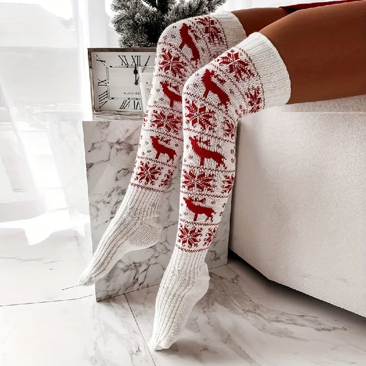 Christmas Socks for Women 2025 Limited Edition, Reindeer Snowflake Over The Knee Long Socks, Warm Festive Party Floor Socks